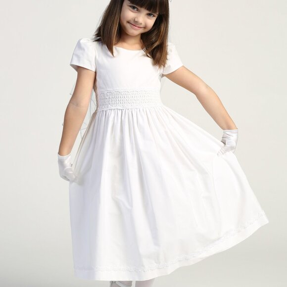 Size 10 - Girls White First Communion Dress w/ Smocked cotton (108) - Picture 1 of 4